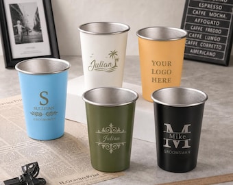 Custom Engraved Stainless Steel Pint Cup Favor, Personalized Bachelor Party Pint Cup Gift, Groomsmen Wedding Keepsake, Anniversary Metal Cup