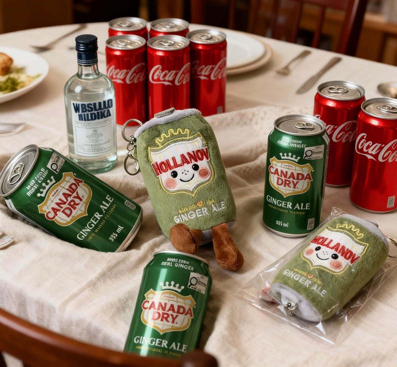 K&ouml;nnte beinhalten: Eine Auswahl an Getr&auml;nken und Pl&uuml;schtieren auf einem Tisch. Enth&auml;lt rote Coca-Cola-Dosen, gr&uuml;ne Canada Dry Ginger Ale-Dosen, eine Flasche WBSLLLO BILDIKA und zwei Pl&uuml;schtiere in Form von Ginger Ale-Dosen mit dem Text "HOLLANOV GINGER ALE".