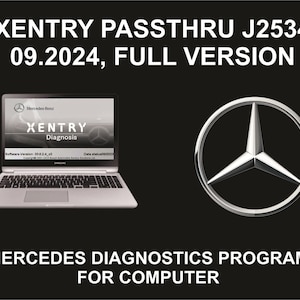 Puede incluir: Fondo negro con texto blanco "XENTRY PASSTHRU J2534 09.2024, FULL VERSION". Un portátil muestra la interfaz "XENTRY Diagnosis". El logotipo de Mercedes-Benz y "MERCEDES DIAGNOSTICS PROGRAM FOR COMPUTER" también están presentes.