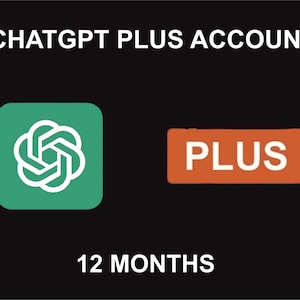 以下が含まれることがあります： 黒い背景に「ChatGPT Plus Account」のテキスト。左側に白いロゴが入った緑色の正方形、右側に「PLUS」と書かれたオレンジ色の長方形があります。下には「12 MONTHS」のテキストがあります。