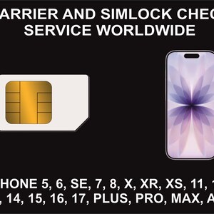 May include: Black background with a SIM card and a smartphone. The text reads "CARRIER AND SIMLOCK CHECK SERVICE WORLDWIDE." Compatible with iPhone models 5 through 17, including Plus, Pro, Max, and Air versions.