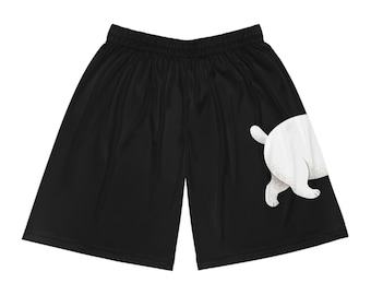 Weiße Fat Cat Illustration Basketball Shorts | Dunkelgrüner Allover-Print