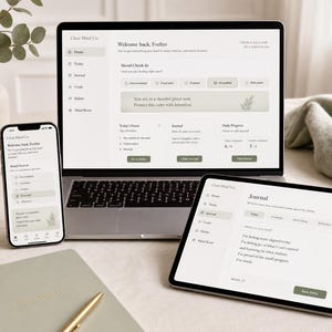 Może przedstawiać: Laptop, tablet i smartfon wyświetlają interfejs aplikacji "Clear Mind Co.", a obok notatnik i długopis. Ekrany pokazują wpisy do dziennika i opcje sprawdzania nastroju. Schemat kolorów jest neutralny z zielonymi akcentami.