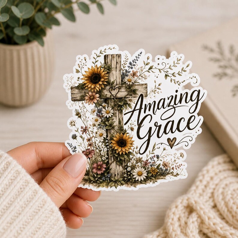 Amazing Grace Sticker, Floral Cross Christian Sticker, Bible Verse ...
