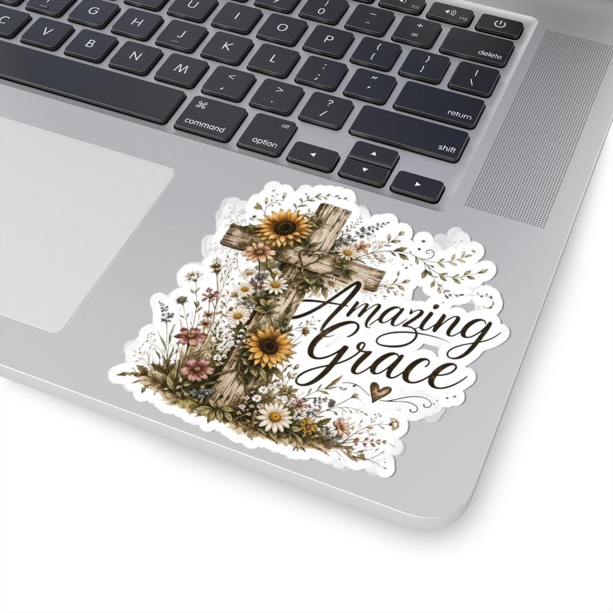 Amazing Grace Sticker, Floral Cross Christian Sticker, Bible Verse ...