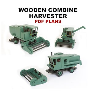 May include: Three green wooden combine harvester models with black wheels and front attachments. The text WOODEN COMBINE HARVESTER PDF PLANS is displayed at the top. The models feature cabs, grain tanks, and detachable headers in a matte finish.