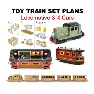 Può includere: TOY TRAIN SET PLANS Locomotive & 4 Cars. Un set di schemi di istruzioni per costruire un treno in legno, con una locomotiva verde, una carrozza passeggeri rossa con due piccole figure all'interno e un modello di treno completo.