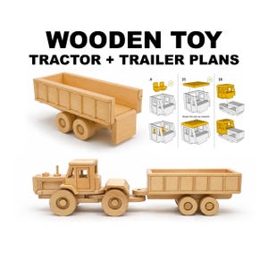 Pode incluir: WOODEN TOY TRACTOR + TRAILER PLANS. Um trator de brinquedo de madeira de cor clara com um reboque destacável a condizer. A imagem inclui diagramas de montagem técnicos que mostram os passos 4, 15 e 16 com componentes realçados a amarelo.