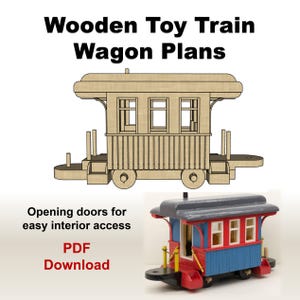 May include: Wooden toy train wagon plans. The image shows a diagram of a wooden train wagon and a finished, colorful toy train wagon. The text reads "Wooden Toy Train Wagon Plans", "Opening doors for easy interior access", and "PDF Download".