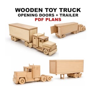 May include: A light-colored wooden toy truck with a detachable trailer, featuring functional opening doors. The text WOODEN TOY TRUCK OPENING DOORS + TRAILER PDF PLANS is displayed above the toy, which is shown in three different configurations.