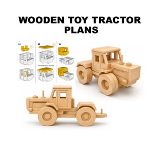 Może przedstawiać: Tekst WOODEN TOY TRACTOR PLANS znajduje się nad dwoma drewnianymi ciągnikami do zabawy w jasnym kolorze. Jeden ciągnik pokazano z boku, a drugi pod kątem trzech czwartych. Schemat przedstawia etapy montażu 14, 15 i 16.
