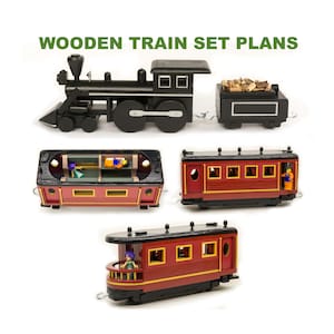 May include: A wooden train set featuring a black steam locomotive with a coal tender, and two red passenger cars with yellow trim. The text WOODEN TRAIN SET PLANS is displayed at the top. The passenger cars include small figures inside.