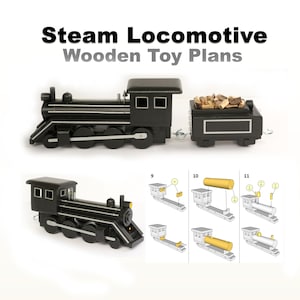 May include: A black wooden steam locomotive toy with a coal tender filled with wood pieces. The text Steam Locomotive Wooden Toy Plans appears above. Below, a diagram shows assembly steps 9, 10, and 11 with yellow highlighted components.