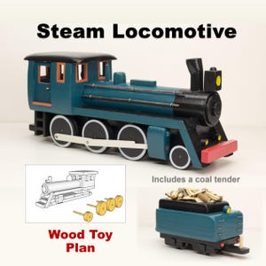 Può includere: Un giocattolo di locomotiva a vapore in legno verde acqua e nero con ruote bianche e un paraurti anteriore rosso. L'immagine include un tender per il carbone e un piano di giocattolo in legno. Il testo dice "Steam Locomotive".