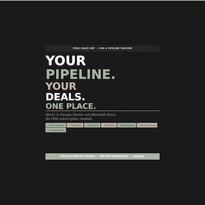 Könnte beinhalten: Digitalgrafik mit dem Text "YOUR PIPELINE. YOUR DEALS. ONE PLACE." in Weiß vor dunklem Hintergrund. Die Grafik bewirbt einen CRM- und Pipeline-Tracker für Google Sheets und Microsoft Excel.