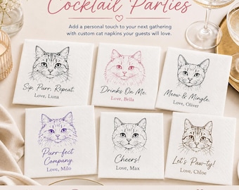 Personalized Cat Wedding Napkins, Custom Pet Portrait Cocktail Serviettes, Bridal Shower Decor, Reception Favor for Cat Lovers