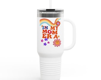 In My Mom Era travel mug | 40oz insulated tumbler, retro rainbow floral design