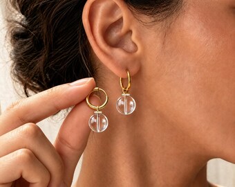 Clear Quartz Hoop Earrings, Removable Crystal Dangle, Dainty Everyday Huggies, Titanium Earrings for Women, Gold & Silver, Gift for Her
