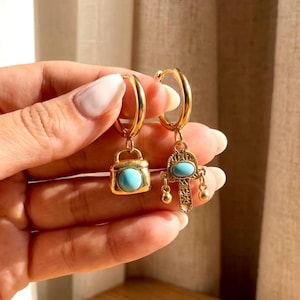 Y2K Mismatched Turquoise Earrings, Gold Huggie Charm Earrings, Lock & Talisman Statement JewelryJewelry