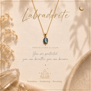 May include: A gold chain necklace featuring an oval labradorite pendant with blue iridescence. The text reads: Labradorite, PROTECTION & CALM, You are protected, you can breathe, you can become., Transition, Awakening, Becoming, and a crescent moon icon.