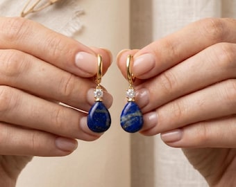 Lapis Lazuli Tropfen Ohrringe, Gold Hoop Baumeln, Cubic Zirkonia Akzent, Minimalistischer Schmuck