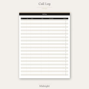 Può includere: Un blocco note per registro chiamate color crema con bordo nero. Il blocco note ha colonne per data, contatto, telefono, note e follow-up. Le parole "Call Log" e "Midnight" sono stampate sul blocco note.