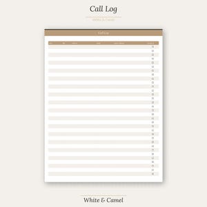 Può includere: Un blocco note Call Log bianco e color cammello. Il blocco note ha un'intestazione color cammello con le parole "Call Log" stampate sopra. Il blocco note ha righe per registrare i dettagli delle chiamate e caselle di controllo. Le parole "White & Camel" sono stampate in alto e in basso.