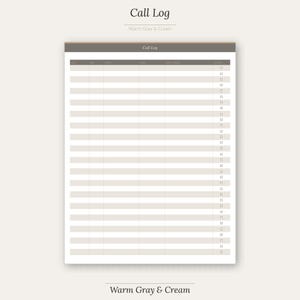 Può includere: Un registro chiamate color crema con un bordo grigio caldo. Il titolo "Call Log" è in alto, con "Warm Gray & Cream" sotto. Il registro ha sezioni a righe per la registrazione delle informazioni. Il design è semplice e pulito.