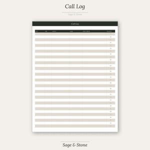 Può includere: Un blocco note Call Log con un'intestazione e un piè di pagina verde scuro, con il testo "Call Log" e "Sage & Stone". Il blocco note ha un layout a griglia con colonne per data, contatto, telefono, note e follow-up. La carta è di colore beige chiaro.