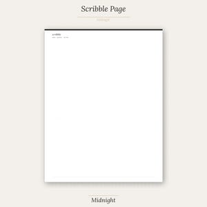Puede incluir: Una página blanca de "Scribble" con la palabra "Scribble" en la esquina superior izquierda. El texto "Scribble Page" está en la parte superior, con "Midnight" debajo. La palabra "Midnight" también está en la parte inferior de la página.