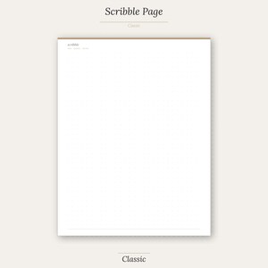 Puede incluir: Un cuaderno Scribble Page blanco con un patrón de cuadrícula de puntos. El cuaderno tiene un borde marrón claro y las palabras "Scribble Page" y "Classic" están impresas en la parte superior e inferior de la página.