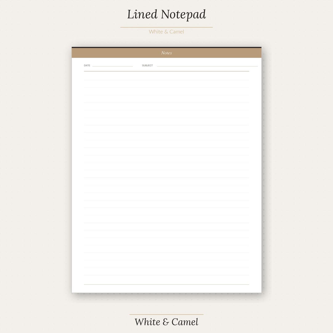 Lined Notepad Printable — White and Camel | Letter + A5 | Instant ...