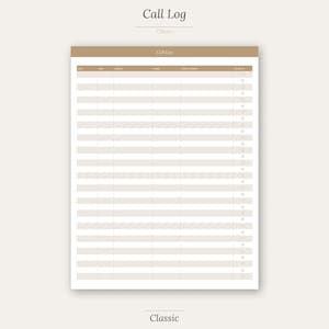 Può includere: Un taccuino "Call Log" beige e bianco con la scritta "Call Log" in alto. Il taccuino ha un layout a griglia con colonne per data, contatto, telefono, note, azione e follow-up. La parola "Classic" è in basso.