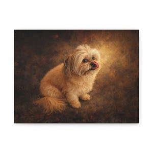 May include: A canvas print featuring a small, fluffy dog with light brown fur. The dog is sitting and looking upwards, with its tongue sticking out. The background has a warm, textured appearance with a golden glow.