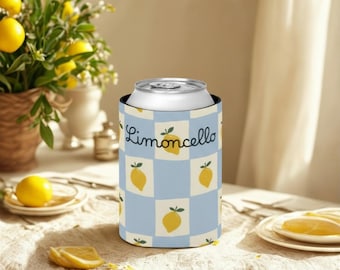 Limoncello Lemon Pattern Can Cooler | Blue Checkered Design