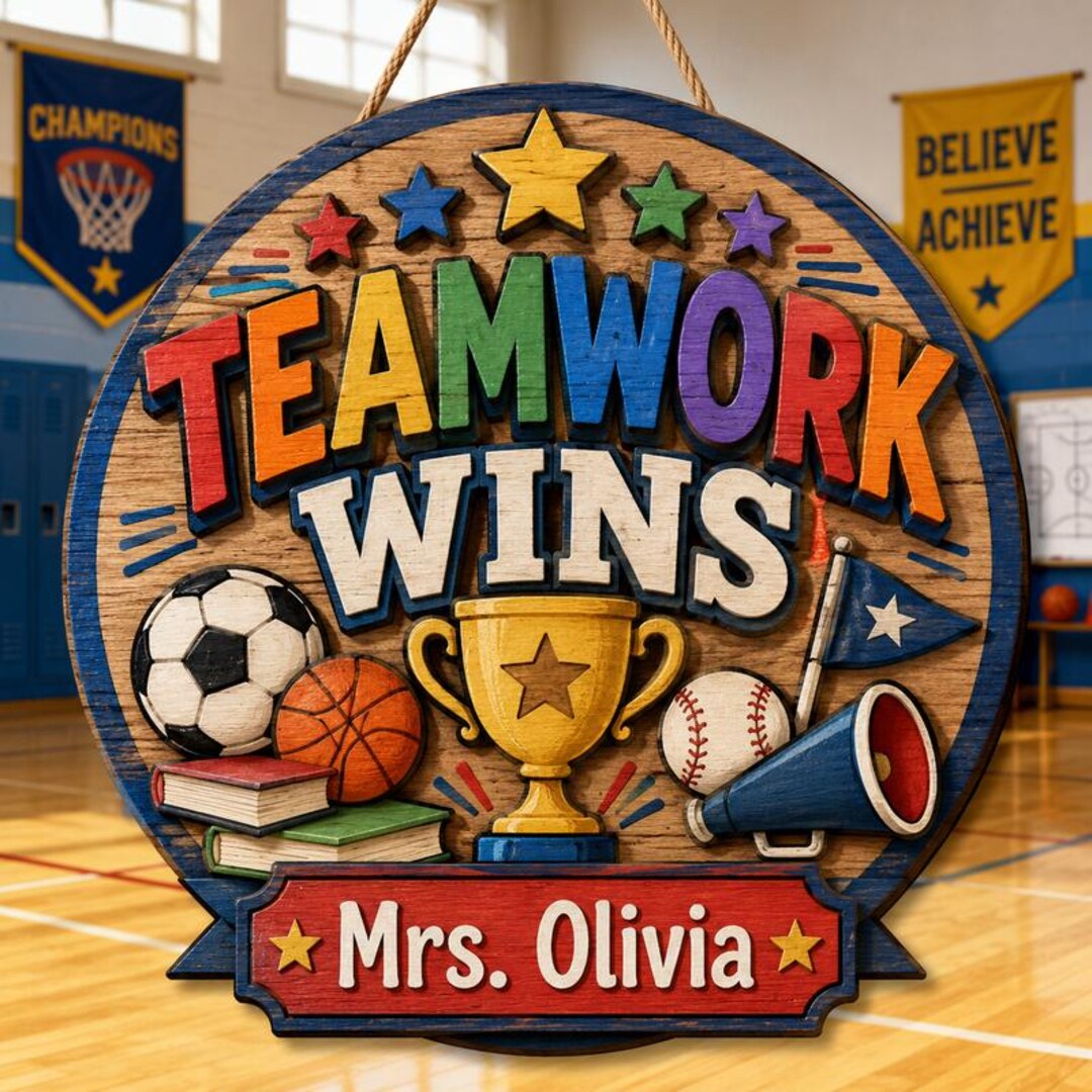 Teamwork Wins Wooden Sign, Sports Wooden Sign Hanging, Personalized ...
