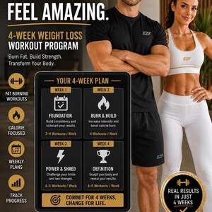 Puede incluir: Un gráfico digital para un programa de entrenamiento de pérdida de peso de 4 semanas titulado Lose Weight. Get Strong. Feel Amazing. Incluye un desglose del plan de 4 semanas, iconos de quema de grasa y seguimiento de progreso con texto.
