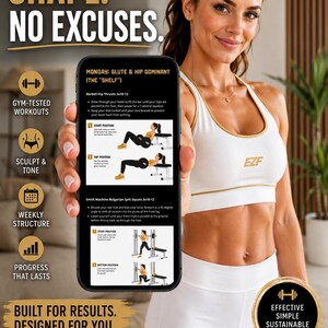 May include: A smartphone displaying a workout plan titled Monday: Glute & Hip Dominant (The Shelf) with barbell hip thrust and Smith machine Bulgarian split squat instructions, including diagrams for start and top or bottom positions.