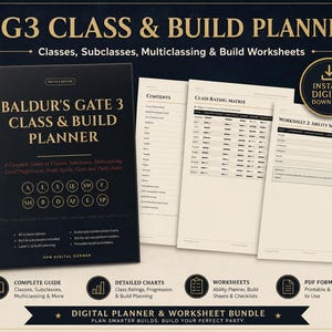 以下が含まれることがあります： ダークな表紙に金色の文字が記されたBaldur's Gate 3のデジタルクラス＆ビルドプランナー。目次、クラス評価マトリックス、能力値プランナーワークシートが含まれており、印刷可能なPDF形式で提供されるガイド、チャート、ワークシートのセットです。