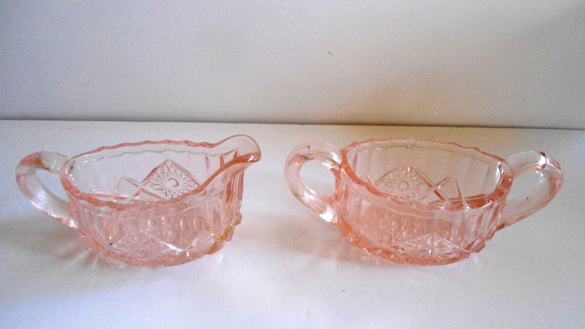 Vintage Pink Depression Glass Creamer & Sugar Bowl Etsy