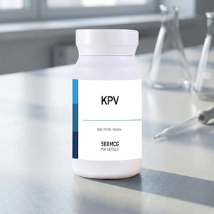 Puede incluir: Una botella cilíndrica blanca con una tapa blanca y una etiqueta que dice "KPV". La etiqueta también indica "PURE. POTENT. PROVEN" y "500MCG PER CAPSULE". La botella tiene una franja vertical azul en el lado izquierdo.