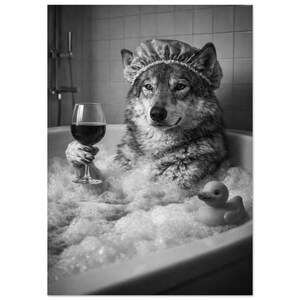 May include: A monochrome image of a wolf in a bathtub, surrounded by bubbles, wearing a shower cap and holding a glass of red wine. A rubber duck is also in the bath. A humorous and quirky image.