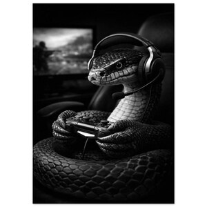 May include: A monochrome image depicting a snake engrossed in a video game. The snake, wearing a headset, is seated and holding a controller. A television screen is visible in the background, adding to the gaming theme.