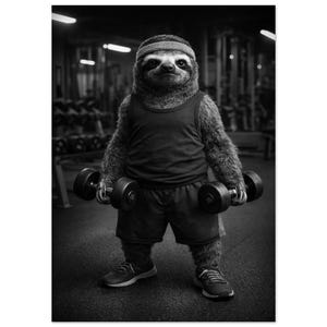 May include: Black and white image of a sloth in a gym, wearing a headband, vest, and shorts. The sloth is holding two dumbbells, each weighing approximately 6.8 kg. Gym equipment is visible in the background.