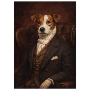 Puede incluir: Retrato de un Jack Russell Terrier con monóculo, corbata blanca y traje oscuro. El perro está sentado en un sillón de cuero marrón sobre un fondo marrón oscuro, irradiando sofisticación y elegancia.