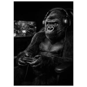 May include: A monochrome image of a gorilla engrossed in a video game, wearing a headset with a microphone. The gorilla is seated, holding a controller, with a screen displaying a city scene in the background.