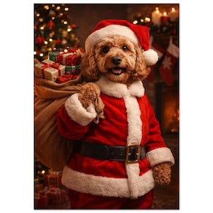 Peut inclure: Un chien au pelage bouclé brun doré vêtu d'un costume de Père Noël rouge et blanc avec un bonnet assorti. Le chien porte un grand sac en toile de jute rempli de plusieurs cadeaux emballés avec des rubans, et une ceinture noire à boucle dorée.