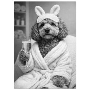 Puede incluir: Imagen en blanco y negro de un perro con bata blanca, orejas de conejo y antifaz, sosteniendo una copa de champán. El perro está en un entorno de spa, sugiriendo relajación y bienestar.