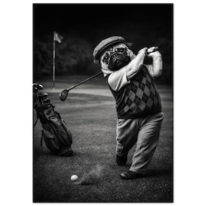 May include: A black and white photograph of a pug dressed in a golf outfit, including a flat cap and argyle sweater vest, swinging a golf club on a course. A golf bag stands nearby, and a golf ball rests on the grass near the pug's feet.