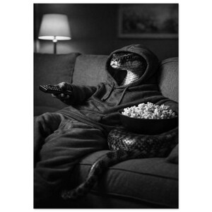 Op de afbeelding: Zwart-wit afbeelding van een slanghoofdige figuur in een grijze hoodie en joggingbroek, loungend op een bank. De figuur houdt een afstandsbediening vast en heeft een kom popcorn. Een lamp en kunstwerk zijn op de achtergrond.